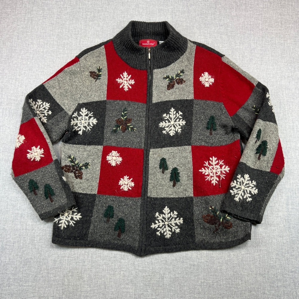 Vintage‎ 90s NorthCrest Holiday Lodge Patchwork Sweater Women XL Snowflake Pine